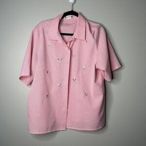 BonWorth Vintage Pink Floral Embroidered Short Sleeve Shirt Women's Size Large L